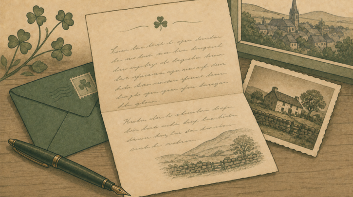 Illustration of writing a letter to find living relatives in Ireland