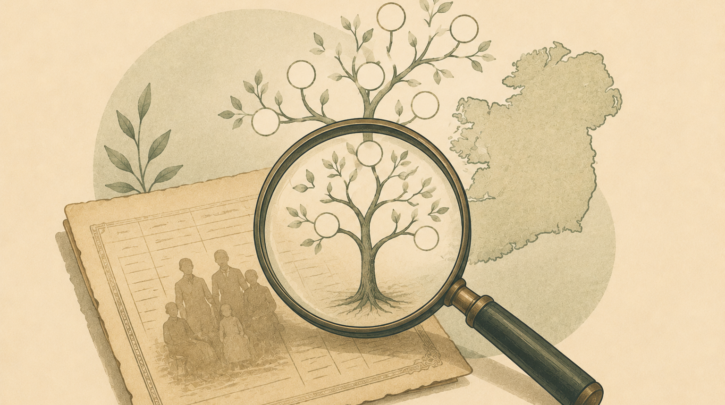 Illustration of tracing an Irish family tree from an old document