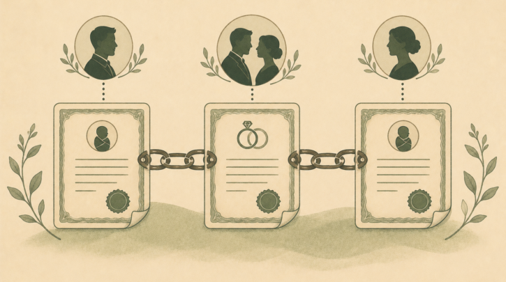 Illustration of the three-generation document chain for Irish citizenship through a grandparent