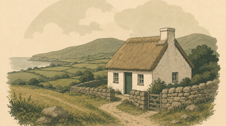 Illustration of an Irish famine-era cottage and emptied field
