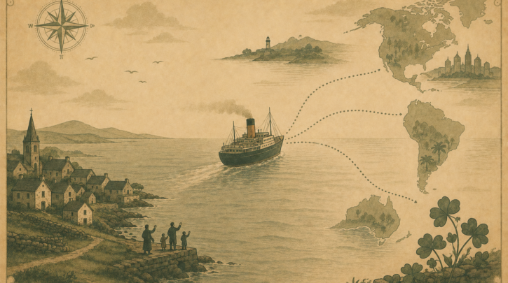 Illustration of the Irish diaspora's journey from Ireland to the world