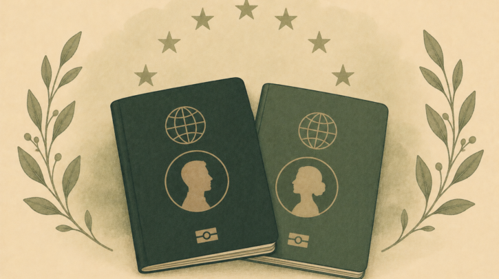 Illustration of two overlapping passports representing Irish dual citizenship