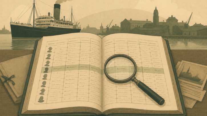 Illustration of an Irish emigration ship passenger manifest